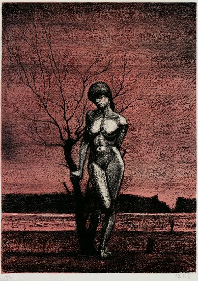 枯樹與裸女的焦點圖