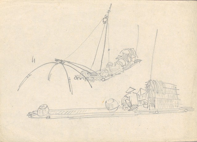 竹筏及漁夫的焦點圖