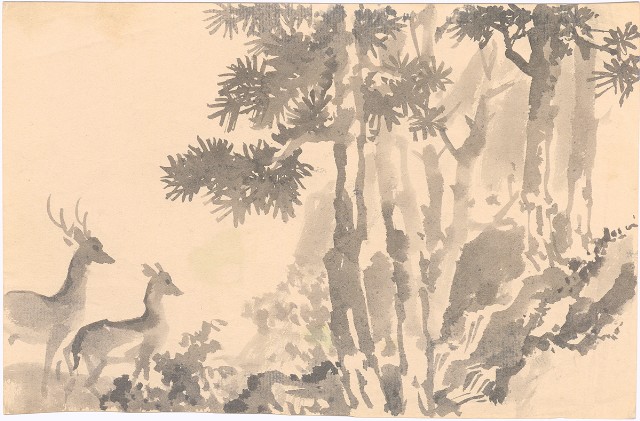雙鹿於松樹下的焦點圖